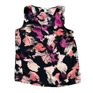 Nine West Tank top Women's Small Black Pink V-neck Blouse Floral‎ Design